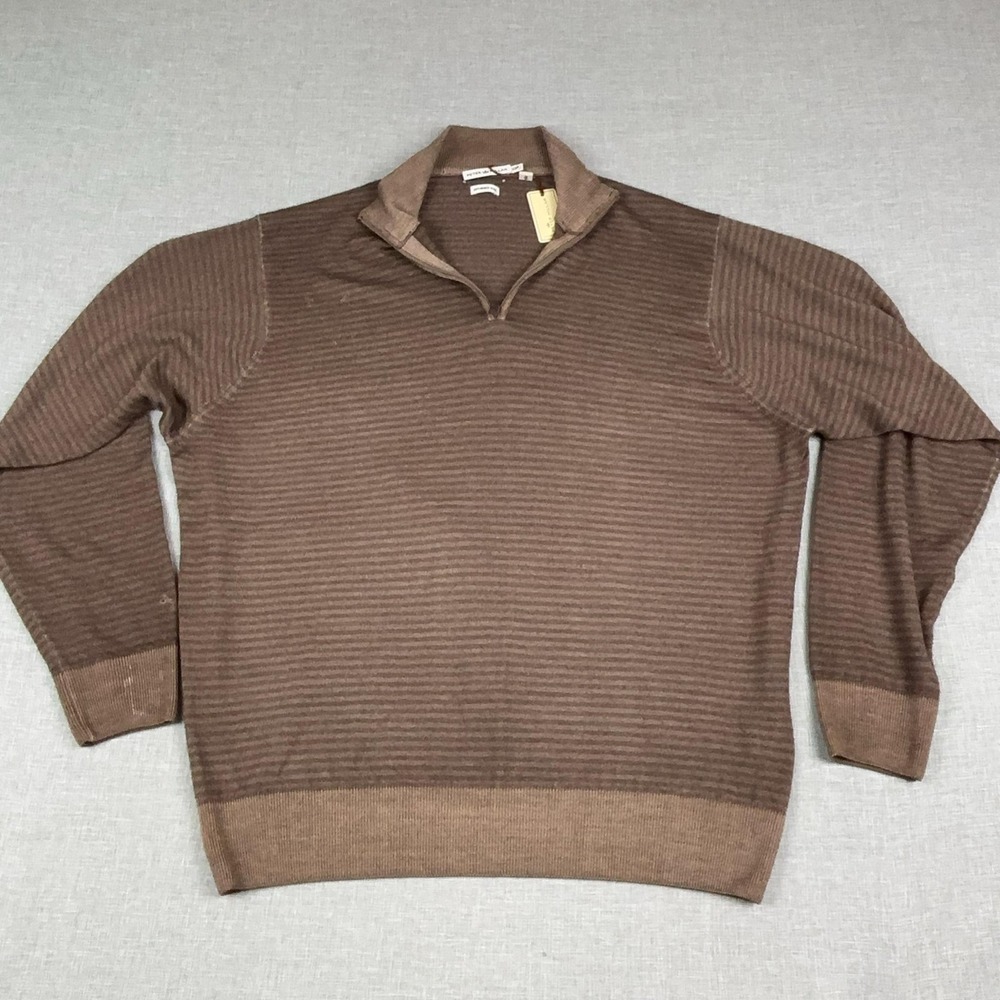 Peter Millar Sweater Mens 2XL Brown 1/4 Zip Mock Neck Merino Wool Striped Italy
